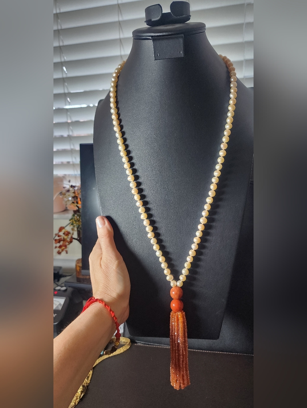 Vintage Freshwater Pearl and Faceted Orange Gemstone Tassel Statement Necklace‎